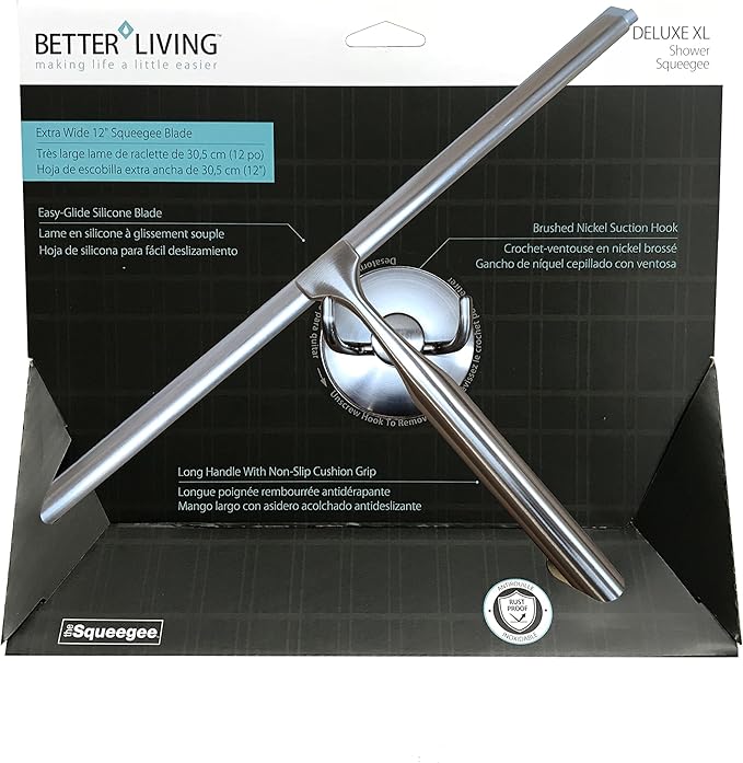 Better Living Deluxe XL Shower Squeegee Multi-Purpose Silicone Squeegee Blade with Storage Hook Rust-Proof Heavy Duty Window Glass Shower Scrubber Windshield Wiper 12 Brushed Nickel