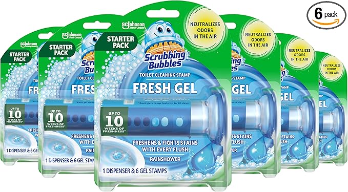 Scrubbing Bubbles Fresh Gel Toilet Bowl Cleaning Stamps Automatic &amp Continuous Bathroom Toilet Cleaner Helps Prevent Limescale &amp Rings Rainshower Scent 1 Dispenser with 6 Stamps (6 Count)