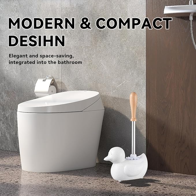 Modern Toilet Brush Set and Holder - Toilet Bowl Brush Ceramic Bathroom Accessories Set Decor Cleaner Brush Kit with Detachable Brush Head &amp Natural Wood Handle (Ivory White)