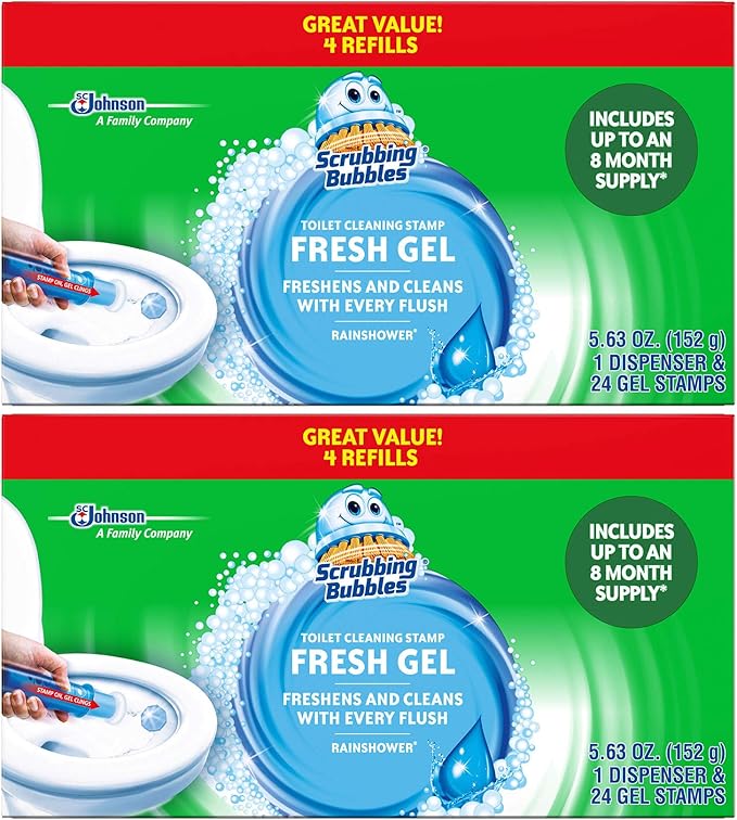Scrubbing Bubbles Fresh Gel Toilet Cleaning Stamp Refill Value Pack Rainshower 24 Stamps 2 Pack