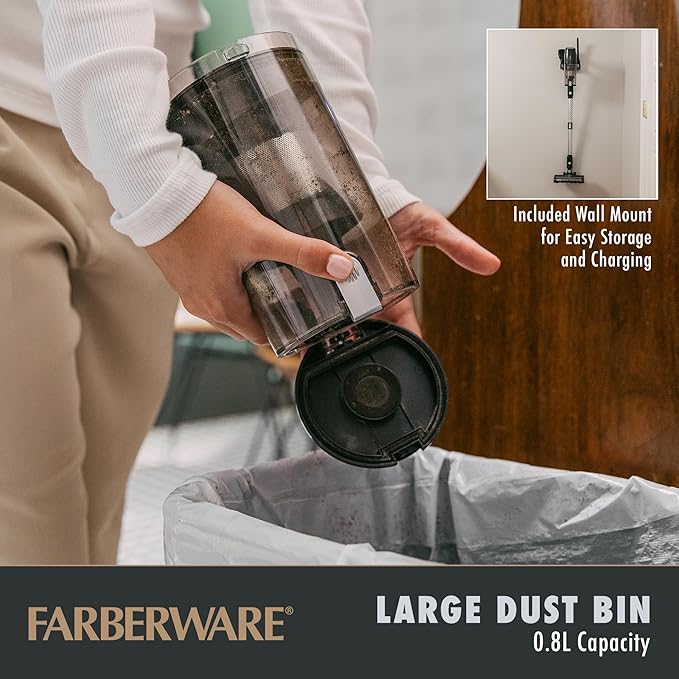Farberware Cordless Pro Stick Vacuum Cleaner Powerful Suction with 2 Speeds for Carpet and Hard Floors Converts to Handheld Vacuum for Pet Hair