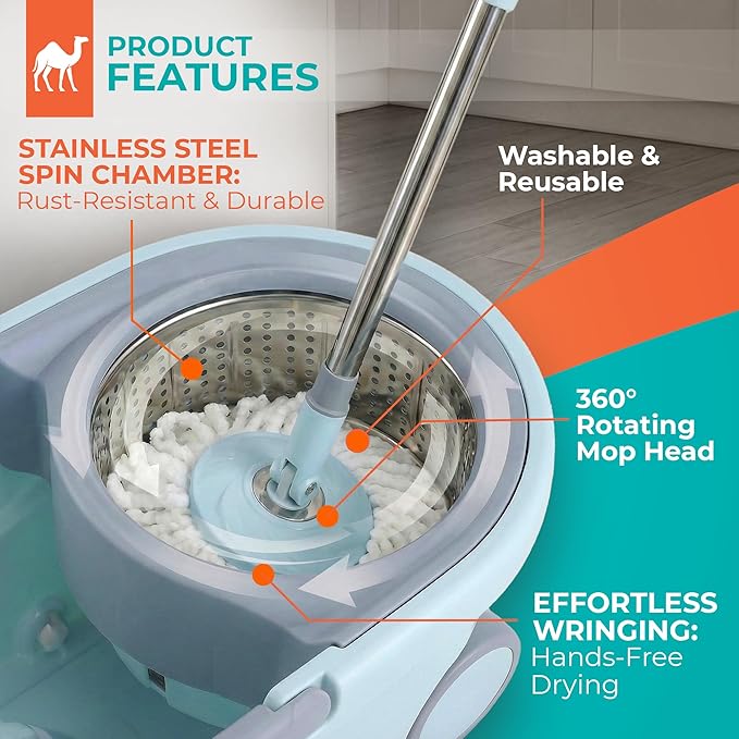 Grazie Spin Mop &amp Bucket Set - 360° Self-Wringing System with Wheels Stainless Steel Handle - Hands-Free Floor Cleaning for Hardwood Tile Laminate - Includes 6 Washable Microfiber Mop Head Refi