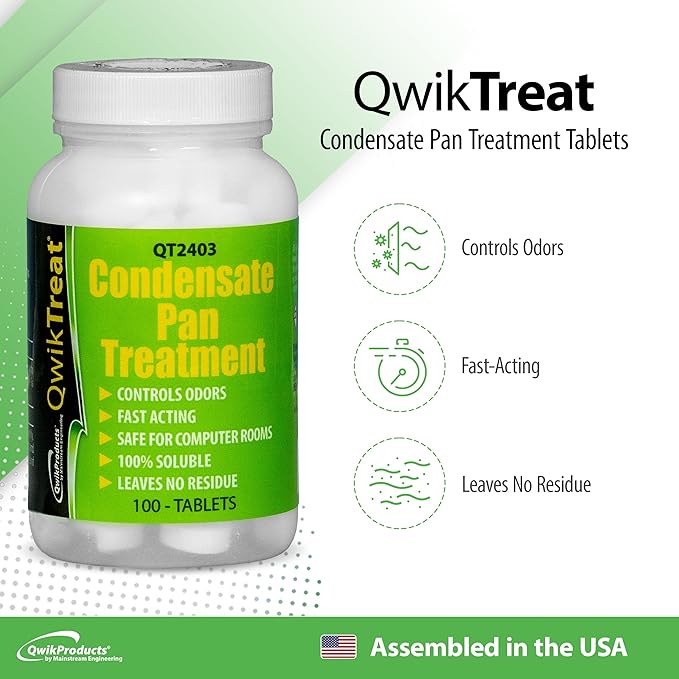 QwikTreat Condensate Pan Treatment Tablets AC Drip Pan Tablets Air Conditioner Drain Line Cleaner Control Odors Overflow and Water Damage 100 Tablets