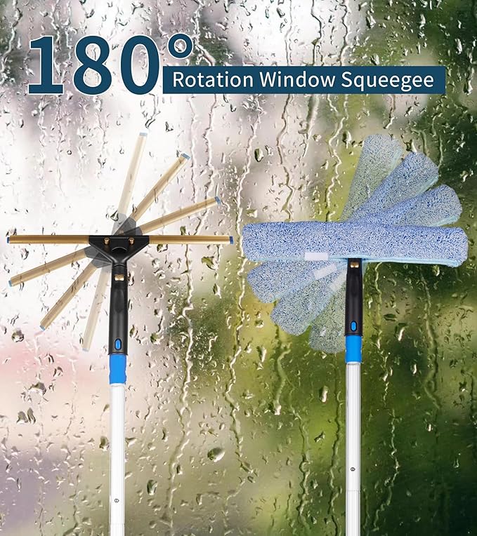 Window Cleaning KitSwivel Squeegee &amp Scrubber with Extension PolesFoldable BucketBlendable Duster2 Scrubber Pads &amp Cleaning Cloth Glass Scraper Cleaning Tool Kit for Window Glass Mirror C