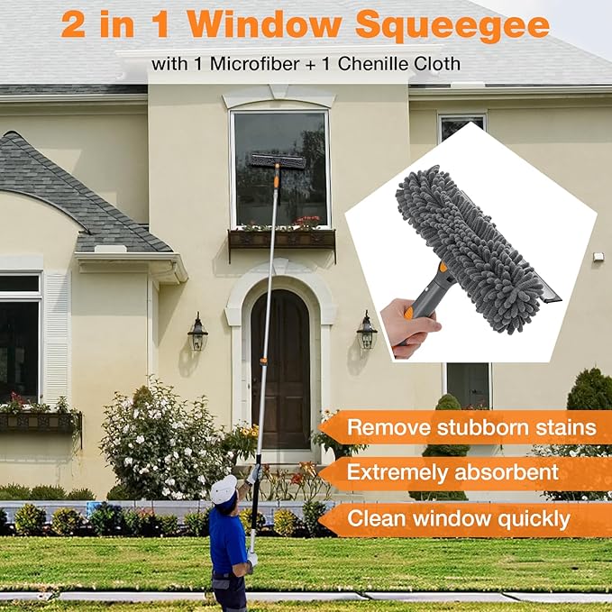 12Ft Window Squeegee with Extension Poles 2-in-1 Window Cleaning Kit with Telescopic Pole Extra-Large 14 Window Squeegee Window Cleaner Tool with Adjustable Head for High Window Glass RV