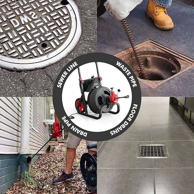 POPULO 75 ft x 1/2 inch Upgraded Electric Sewer Drain Snake Auger with 8 Cutters and 1 Root Killer for 2-4 inch Pipes Auto Feed Plumbing Drain Cleaner Machine PEDC-75 Generation Two