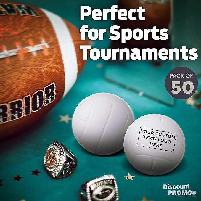 DISCOUNT PROMOS Custom Volley Ball Shaped Squeeze Balls Set of 50 Personalized Bulk Pack - Perfect for Promotional Giveaways - White
