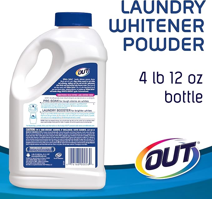 OUT White Brite Laundry Whitener Bleach Alternative Stain Remover Detergent Booster Powder for Clothes 4 Pound 12 Ounce Bottle