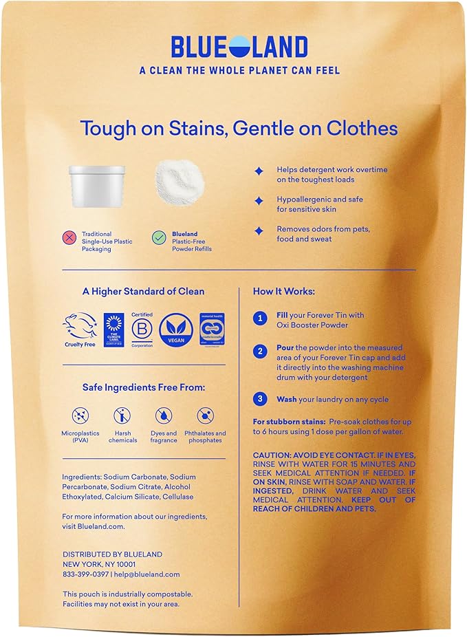 BLUELAND Oxi Laundry Booster Powder Refill 2-Pack Clear Skies Scent 50 Loads 35.2 oz Plastic-Free Eco Friendly Oxy Cleaner Stain Remover