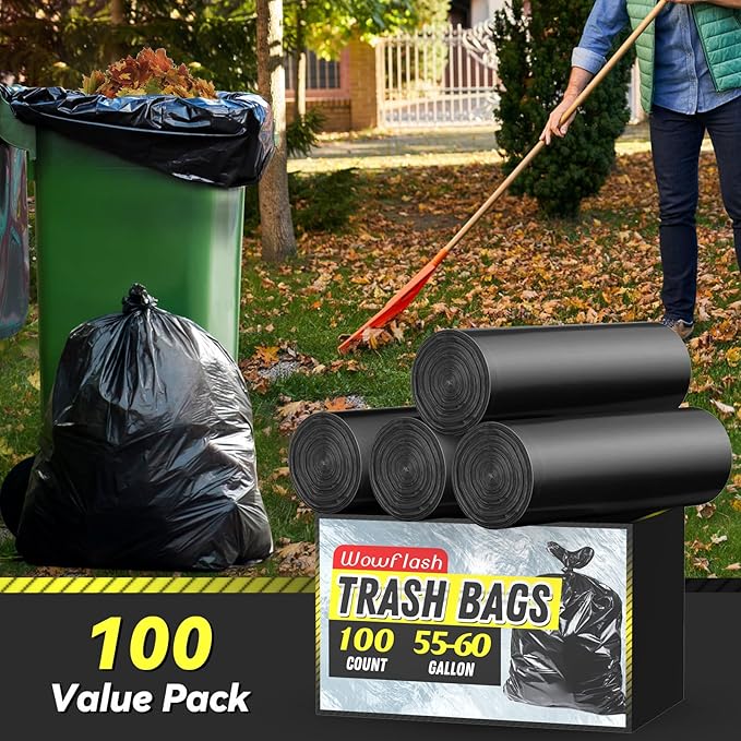100 Count 55-60 Gallon Trash Bags Sturdy &amp Tear-Resistant Commercial Can Liners 55 Gallon Large Garbage Bags Large Black Trash Bags for Commercial Lawn and Leaf Bags