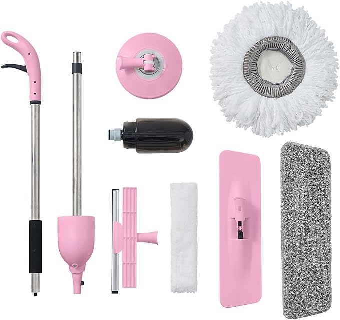 Multi-Surface Spray Mop Kit 3-in-1 with Flat Round Squeegee Mop Heads Refillable Water Bottle Machine Washable Pads for Floors Windows