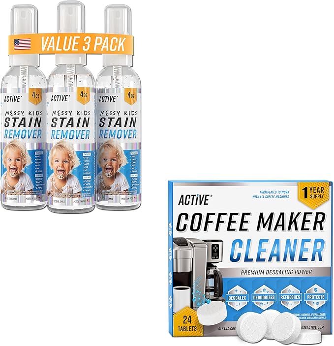 ACTIVE Messy Kids Stain Remover and Coffee Maker Cleaner - Includes 12oz Messy Kids Stain Removal Spray and 24ct Coffee Machine Cleaning Tablets