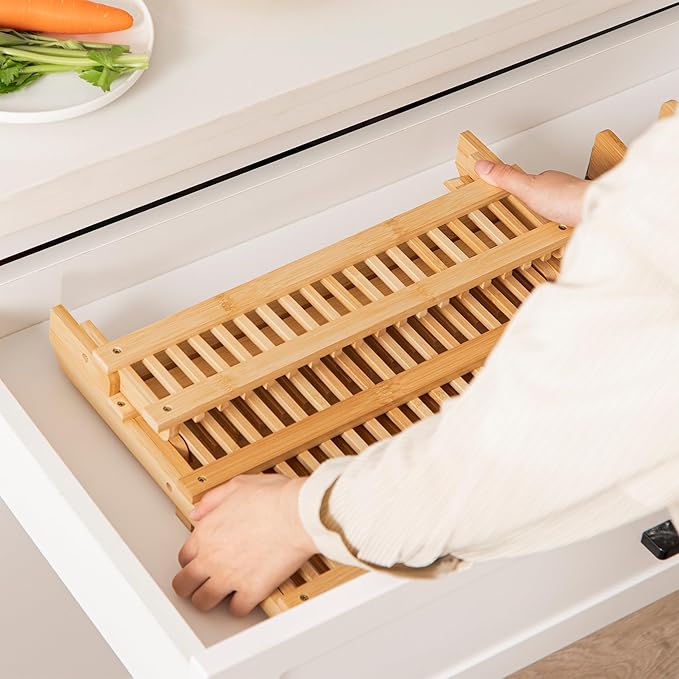 HBlife Bamboo Dish Drying Rack with Utensils Flatware Holder Set 3-Tier Large Folding Drying Holder for Kitchen Counter Collapsible Drainer