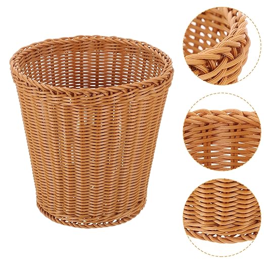 Amosfun Rattan Waste Baskets Round Woven Trash Can Wicker Garbage Containers Bin Rustic Flower Baskets Laundry Hamper for Home Bathroom Kitchen Office Brown