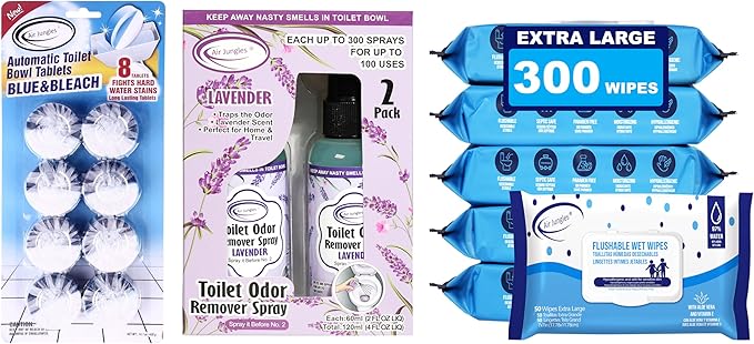 Air Jungles Bathroom Freshness Essentials Bundle :Toilet Bowl Cleaner Tablets Lavender Odor Eliminator Spray &amp Flushable Wipes (300 Count)