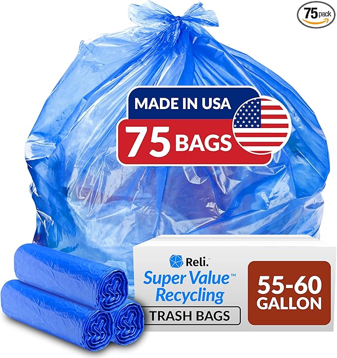 Reli. SuperValue 55-60 Gallon Recycling Bags | 75 Count | Blue Trash Bags | Made in the USA