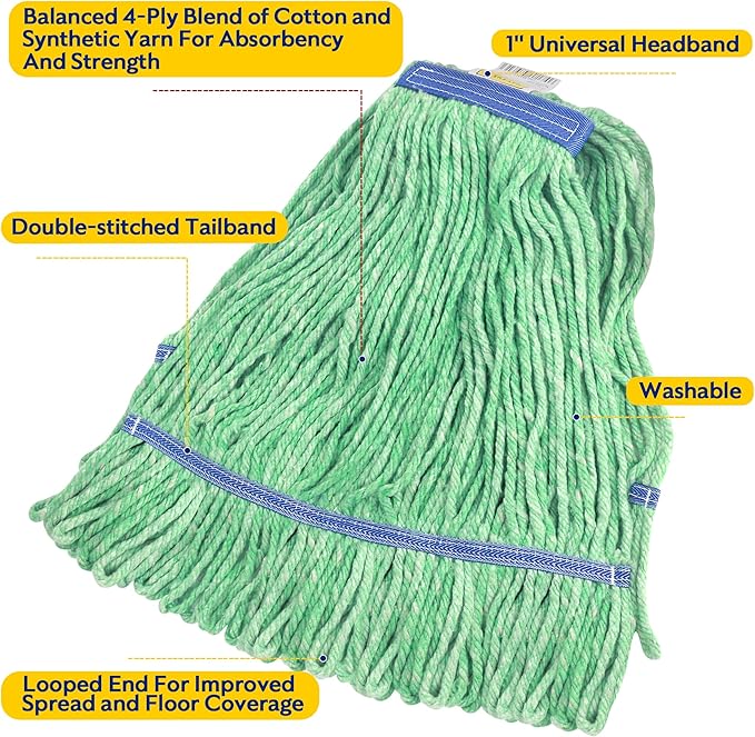 Matthew Cleaning Heavy Duty Mop Head Commercial Replacement for General and Floor Cleaning  Wet Industrial Blue Cotton Looped End String Head Refill (Pack of 6) Green