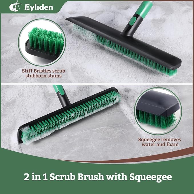 Eyliden X-Large Floor Scrub Brush 2 in 1 Scrape Brushes with Rubber Squeegee | 55.3 Long Handle 15 Wide Stiff Bristle Head | Floor Scrubber for Deck Kitchen Shower Bathroom Tub Tile Patio Wall