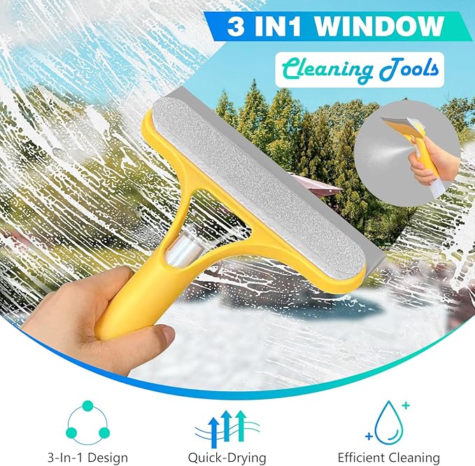 3-in-1 Spray Window Water Absorber Cleaner Scraper Scraper with Spray Device for Shower Glass Mirrors Cars Household Window Cleaning Tools (Yellow Blue White)
