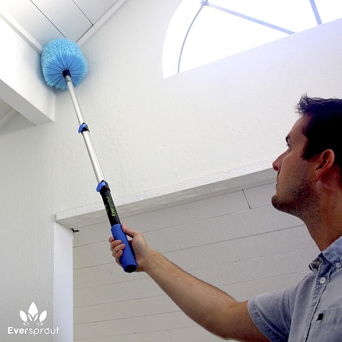 EVERSPROUT 1.5-to-3 Foot Cobweb Duster and Extension-Pole Combo (8-10 Ft Standing Reach Soft Bristles) | Hand Packaged | Lightweight 3-Stage Aluminum Pole | Indoor &amp Outdoor Use Brush Attachment