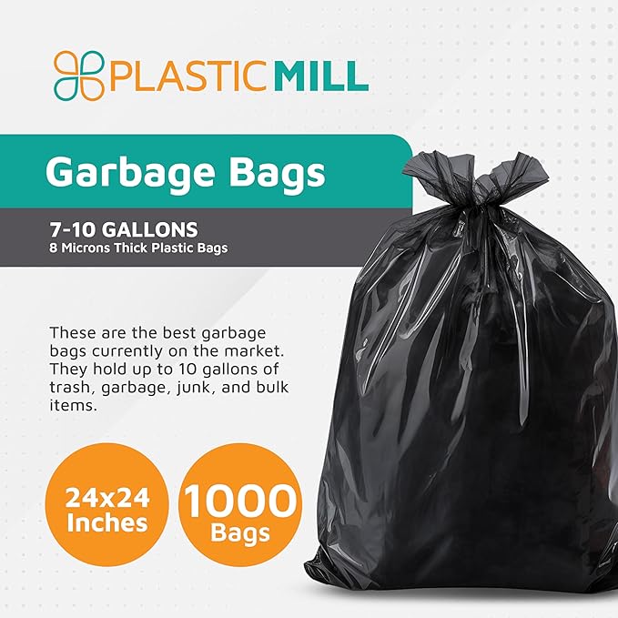 PlasticMill Heavy Duty Trash Bags - Black Garbage Bags - Plastic Trash Bags - Kitchen Bathroom Office Garbage Bags Trash Can Liners - 7-10 Gallon Small Trash Bags 8 Microns 24x24 (1000-Count)