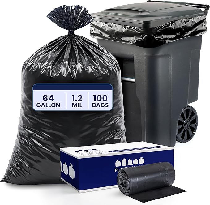 Plasticplace 64-65 Gallon Trash Can Liners for Toter │ 1.2 Mil │ Black Heavy Duty Garbage Bags │ Rolls │ 50” x 60” (100 Count)