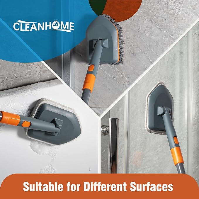 Floor Scrub Brush Tile Tub Scrubber Brush with 4 Different Cleaning Heads Shower Brush with 56” Extendable Long Handle Scrubbers for Cleaning Kitchen Bathroom Tub Tile Wall