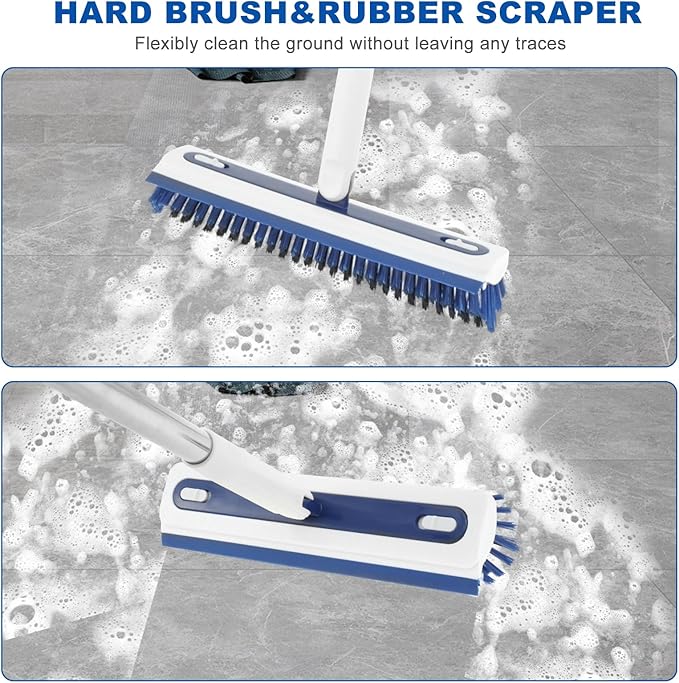 Floor Scrub Brush with Long Handle Floor Grout Scrub Brush 2 in 1 Heavy Duty Stiff Bristle Scrubber with Squeegee for Scrubbing Deck Tile Garage Floor Patio Concrete Shower Bathroom