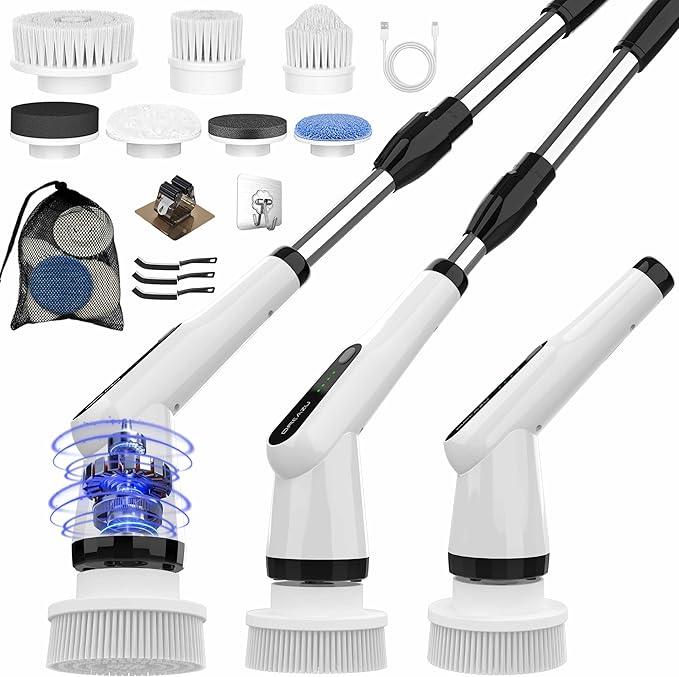 Electric Scrubber Brush IPX7 Electric Scrubber for Shower Electric Cleaning Brush Scrubber with 7 Replaceable Brush Heads &amp Retractable Handle 2-Speed Adjustable Spin Cleaning Brush