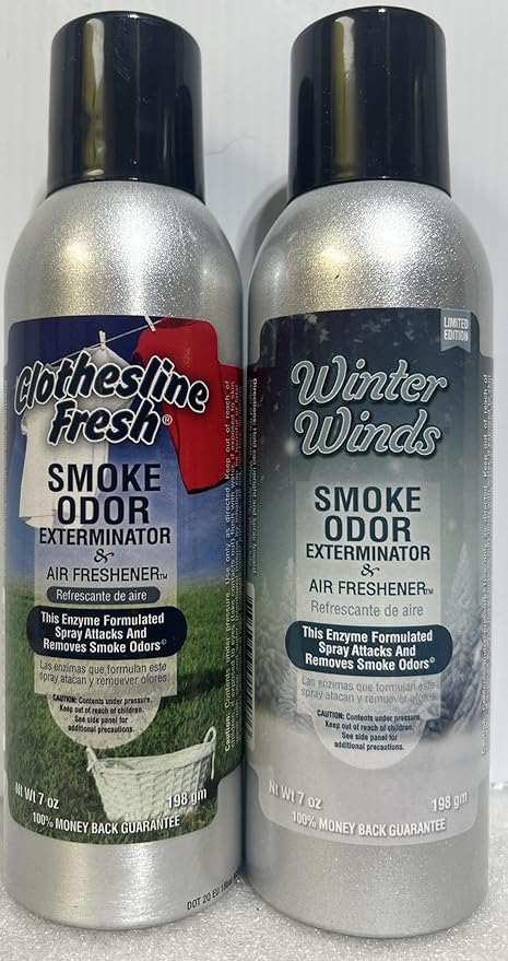 Smoke Odor Exterminator 198 gm/ 7 oz Large Spray Clothesline Fresh Set of Two Cans. Assortment (2) Includes Clothesline Fresh &amp Winter Wind.