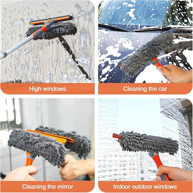 Eazer 89'' Squeegee Window Cleaner 2 in 1 Rotatable Window Cleaning Tool Kit with Extension Pole Window Washing Equipment with Bendable Head for Indoor/Outdoor Window and Car Glass