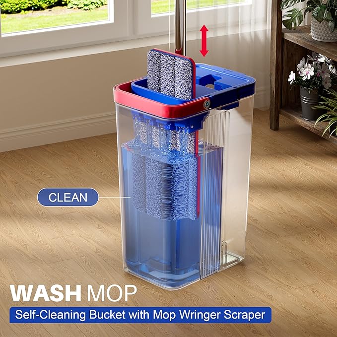 JOYMOOP Mop and Bucket with Wringer Set Hands Free Flat Floor Mop and Bucket with 6 Washable Microfiber Pads Wet and Dry Use Floor Cleaning System - Black+Red+Slate Blue