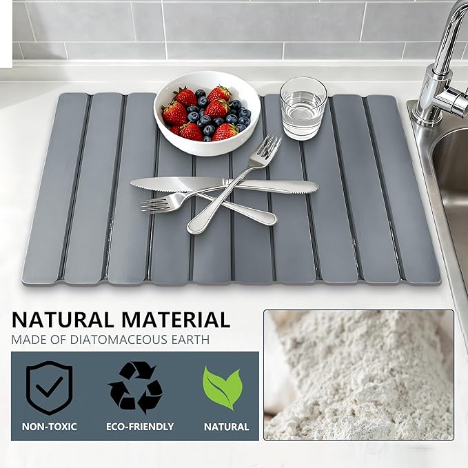 Large Stone Dish Drying Mats for Kitchen Counter  Quick Dry Absorbent Collapsible Dish Drying Mat With Rubber Sole 23.4”(L)x15.4”(W) Diatomaceous Earth Mats for Dishes Bottles Cups