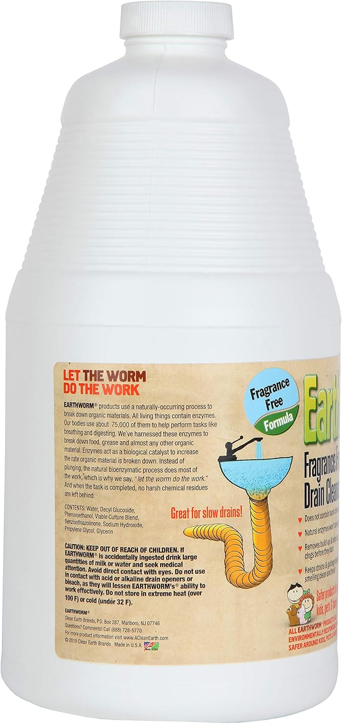 Earthworm Fragrance Free Drain Cleaner - Drain Opener - Natural Enzymes Environmentally Responsible Safer for Pets and Kids - 1 Half Gallon 64 oz