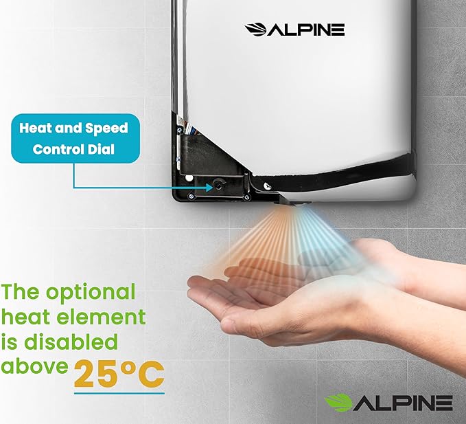 Alpine Commercial Hand Dryer with HEPA Filter 8 Seconds Extreme Speed Electric Hand Dryer for Home Bathroom/Restaurant with Heat &amp Speed Control - ADA Compliant (120V Chrome)