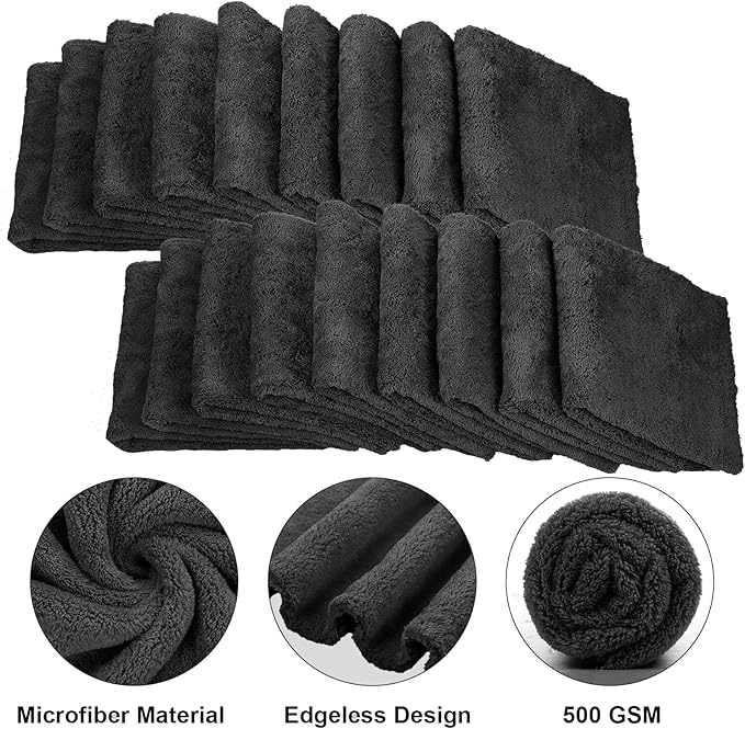 Shimeyao 30 Pcs 16 x 16 Inch Edgeless Microfiber Plush Towels for Cars Detailing Drying Wash Polishing Absorbent Cleaning Cloths 500 GSM(16 x 16 Inch Black 30 Pcs)