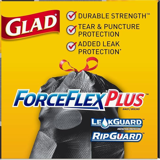 Glad Trash Bags Large Drawstring Garbage Bags‚ ForceFlexPlus 30 Gallon Black Trash Bag - 25 Count Each (Pack of 6)