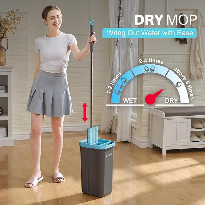 JOYMOOP Mop and Bucket Set with Wringer with 5 Reusable Microfiber Mop Pads Mops for Floor Cleaning and Wall Cleaning Hands-Free Flat Mop for Home Use - Grey+Cyan Blue