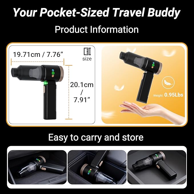 Car Vacuum Portable Cordless 18000PA High Power Handheld Vacuum Cleaner Mini Cordless Rechargeable Vacuum with LED Light and Multi-Nozzles for Car Home Office Keyboard Pet (Black Gold)
