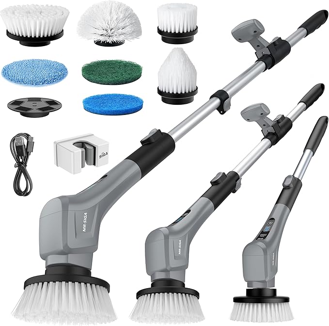 MR.SIGA Electric Spin Scrubber Cordless Cleaning Brush Shower Scrubber with 7 Replaceable Brush Head Waterproof Bathroom Power Scrubber for Kitchen and Bathroom Cleaning