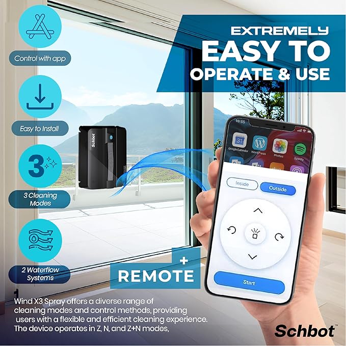Wind X3 2026 Window Cleaning Robot – Black Robot Window Cleaner with Automatic Spray Function Suitable for Small and Big Windows with and Without a Frame