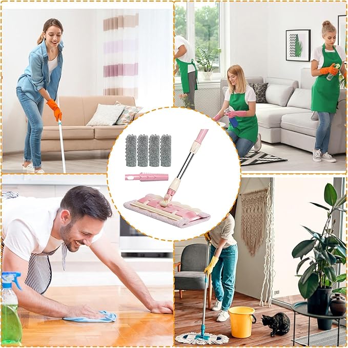Floor Mop – Reusable Mop with 4 Washable Pads &amp Dust Scraper | 360° Rotatable Telescopic Cleaning Tool for Tile Wood Kitchen &amp Bathroom Floor