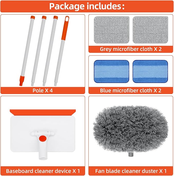 Baseboard Cleaner Tool with Handle Extendable Long Handle Baseboard Cleaning Duster with Reusable Pads for Floorboard Ceiling Fan Blade Cleaner Duster (Gray)