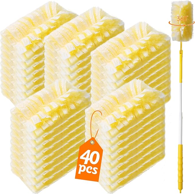 40 Count 360° Heavy Duty Duster Refills Compatible with SwifferLarge Size-Extra Thick Disposable Electrostatic Feather Duster Refill with 1 Retractable Handle(35-inch Length Fully expanded)