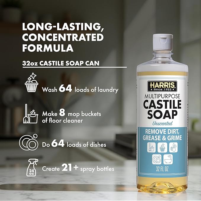 HARRIS Multi-Purpose Liquid Castile Soap for Home Cleaning Use as Dish Soap Laundry Detergent Kitchen &amp Bathroom Surface Cleaner Kids Room 2 Pack of 32 Fl Oz with Microfiber Cloth (Unscented)