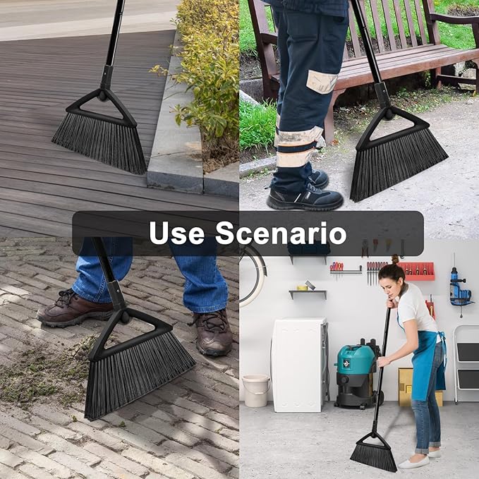 2PCS Heavy Duty Broom Broom for Sweeeping Indoor and Outdoor Angle Broom with Long Pole Outdoor Broom for Courtyard/Garages/Slidewalk Indoor Broom for Kitchen Lobby Canteen Black