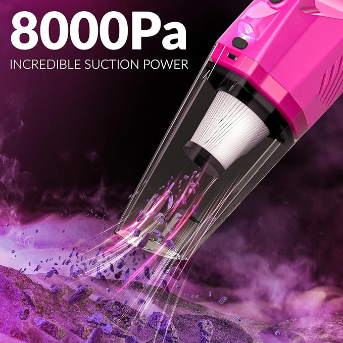 THINKWORK Car Detailing Kit Interior Cleaner Car Cleaning Kit with 8000PA Cordless Pink Handheld Vacuum Cleaner Car Interior Detailing Brush Set Pink Car Accessories Gift for Women