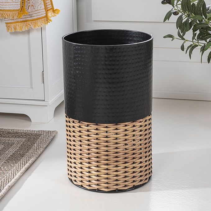 happimess HPM1102C Asher Modern 4.13-Gallon 2-Tone Faux Wicker/Metal Cylinder Waste Basket Black/Natural for Home Bathroom Living Room Office Bedroom Kitchen