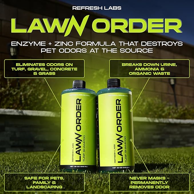 LawN Order Artificial Turf Cleaner &amp Odor Eliminator – Enzyme Powered Pet &amp Kid Safe Removes Pet Mess Smells (1 GAL + 32 OZ + Hose)