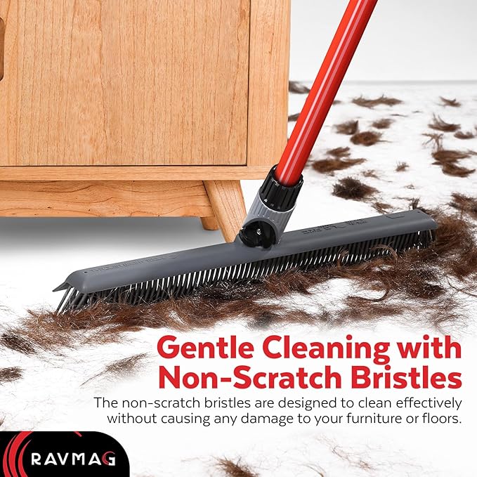 2-in-1 Silicone Rubber Broom Carpet Rake and Squeegee - Swivel Pet Hair Removal Broom with Long Handle - Slanted Side Bristles for Corners - Multipurpose Rubber Broom for Carpet Hardwood Floor Tile